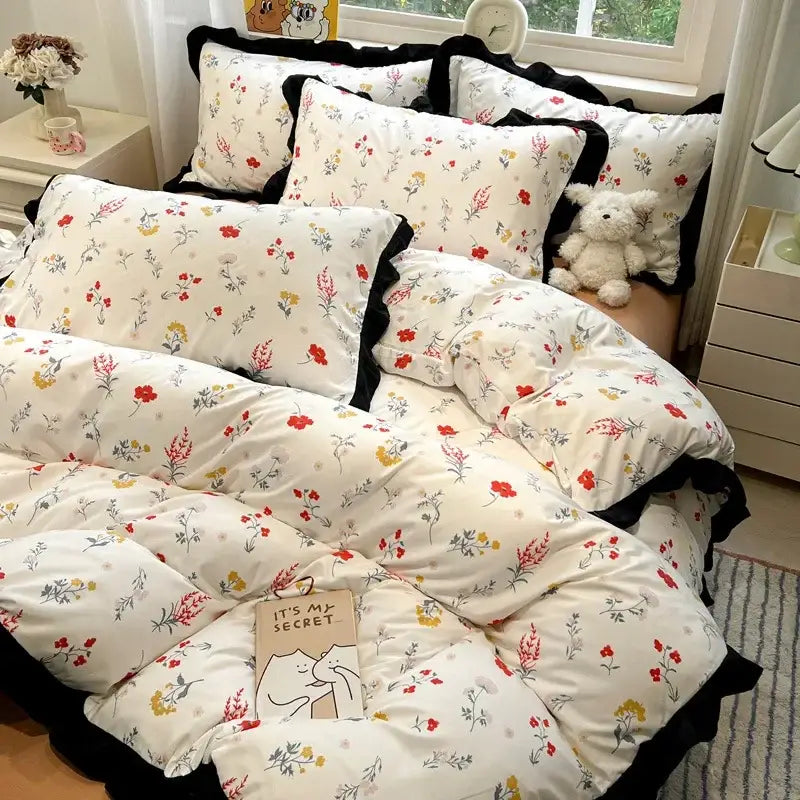 Black white printed floral ruffled bedding set bedroom linens