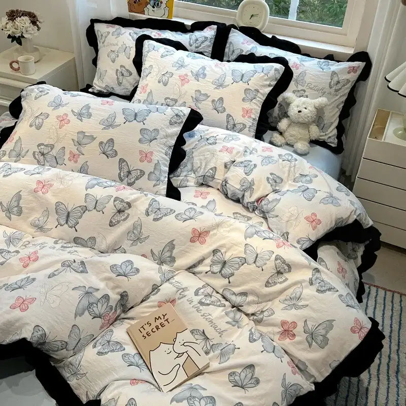 Black white printed floral ruffled bedding set bedroom linens