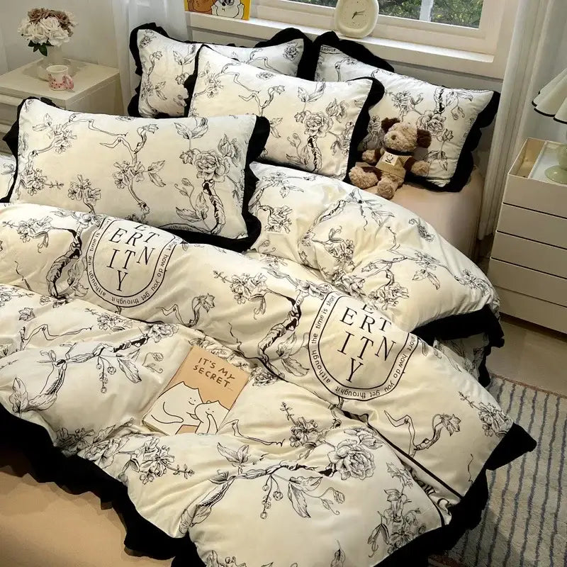 Black white printed floral ruffled bedding set bedroom linens