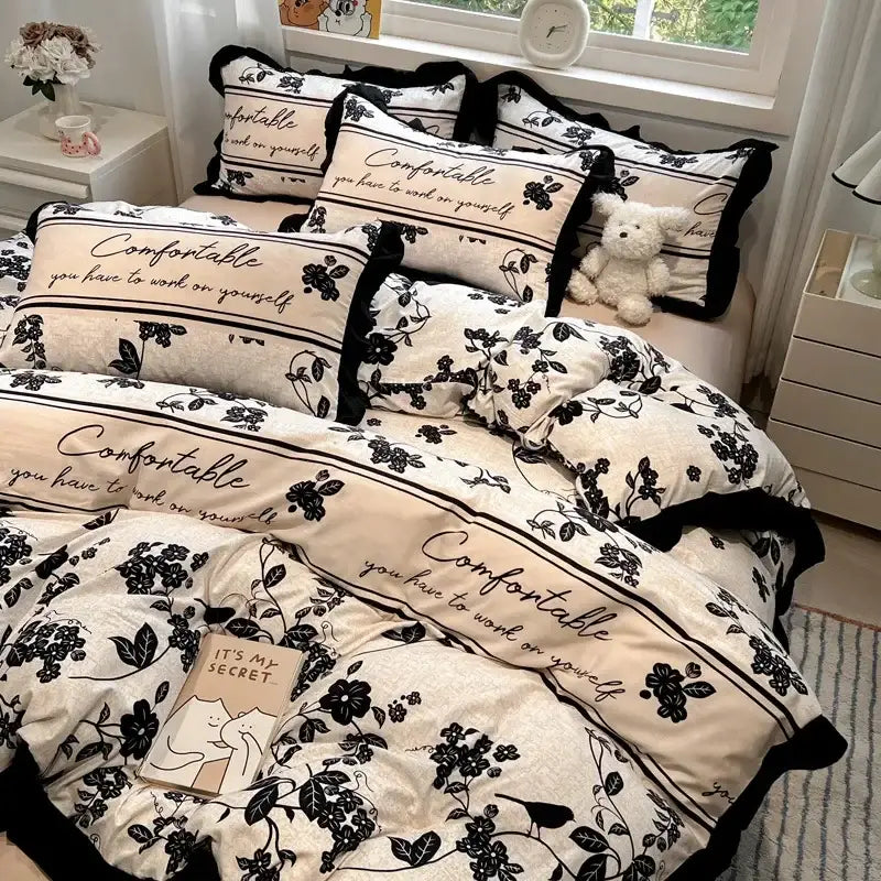 Black white printed floral ruffled bedding set bedroom linens