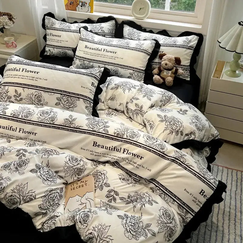 Black white printed floral ruffled bedding set bedroom linens