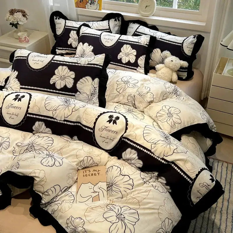 Black white printed floral ruffled bedding set bedroom linens