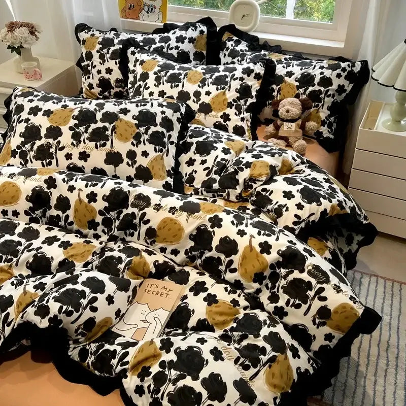 Black white printed floral ruffled bedding set bedroom linens