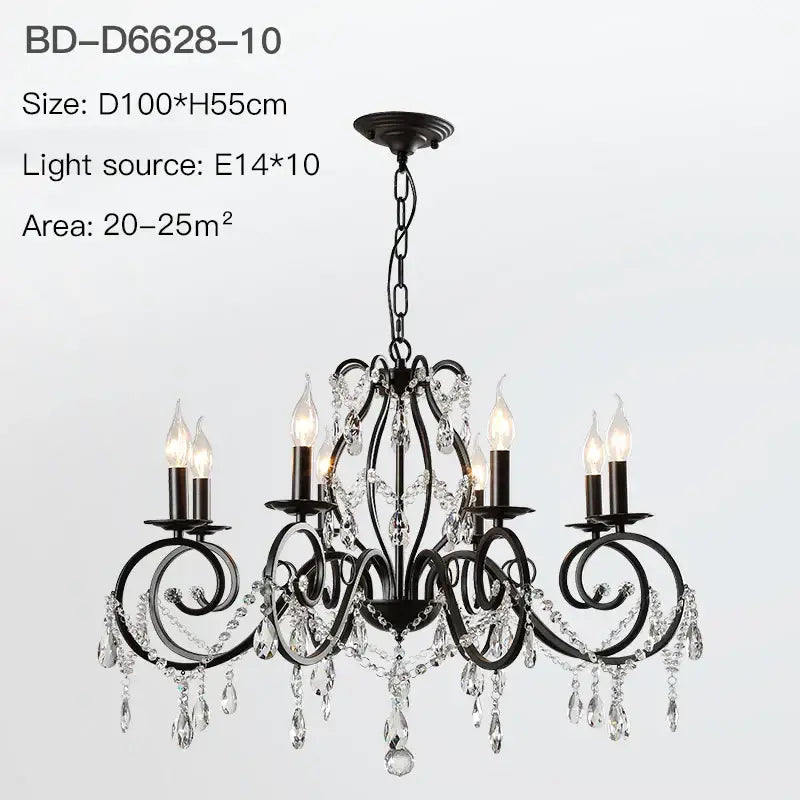 Black wrought iron crystal candle chandelier for living room lighting