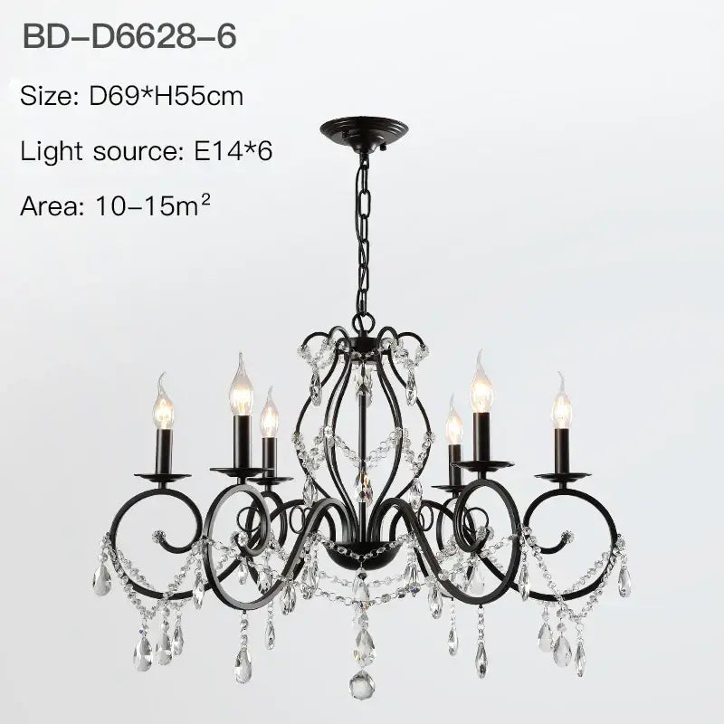 Black wrought iron crystal candle chandelier for living room lighting
