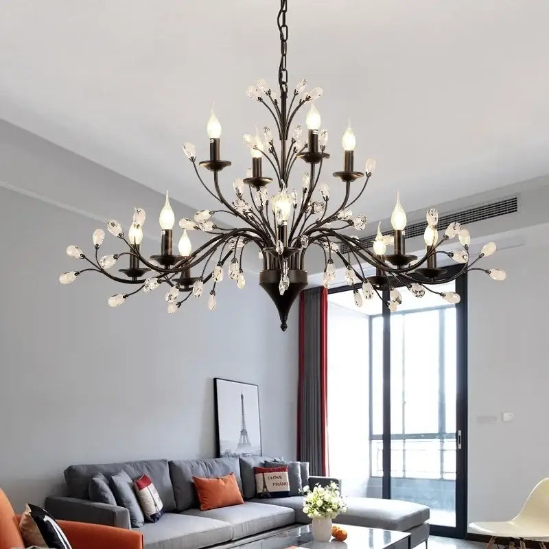 Black wrought iron crystal led chandelier dining room light