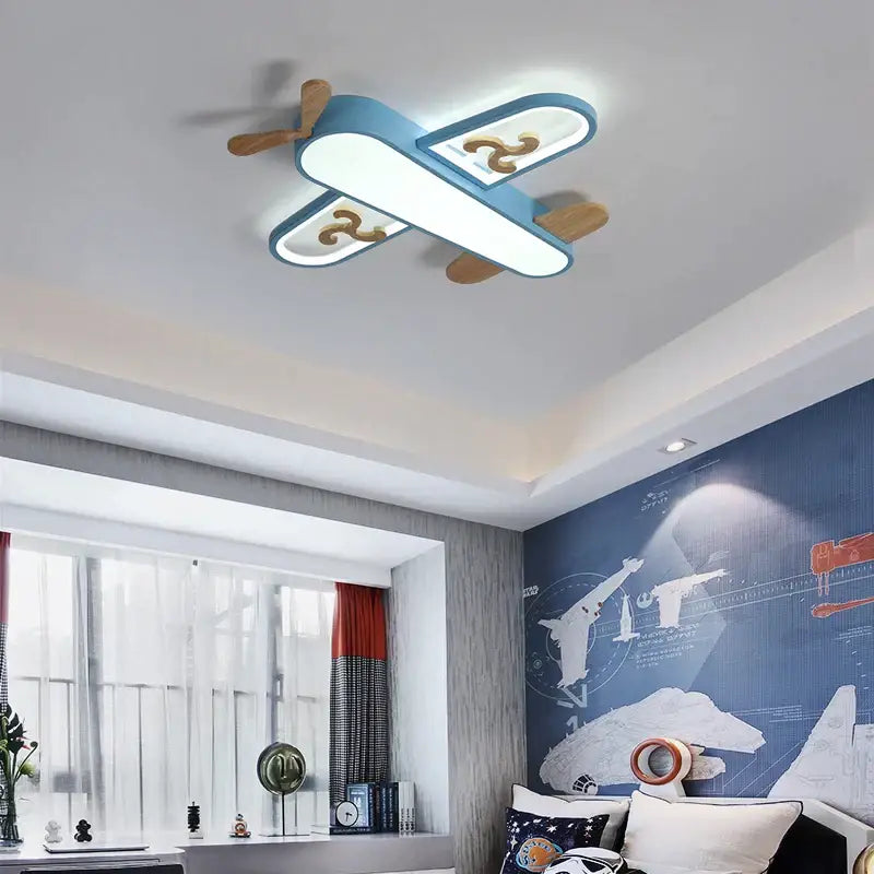Blue airplane led wood ceiling light for kids bedroom