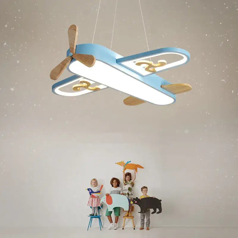 Blue airplane led wood ceiling light for kids bedroom