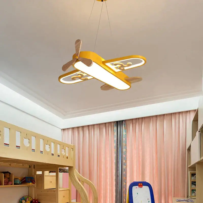Blue airplane led wood ceiling light for kids bedroom