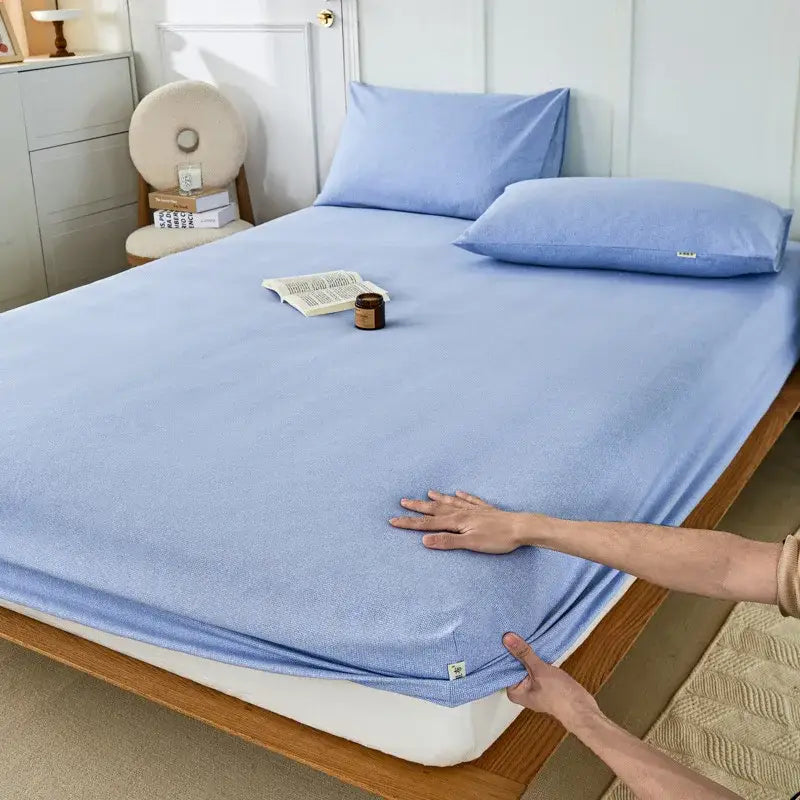 Blue and beige checkered coarse cotton queen fitted sheet bedroom