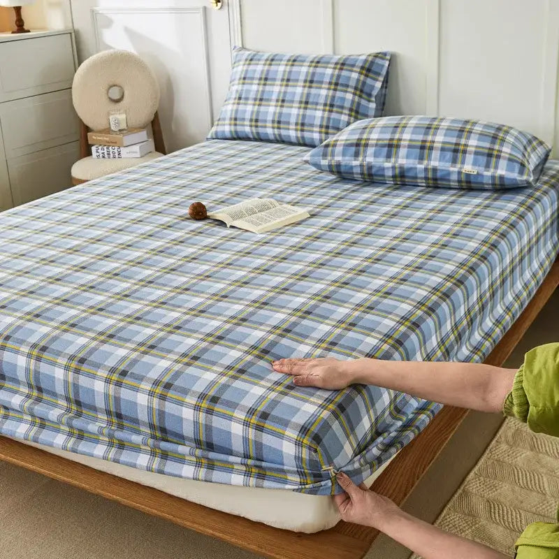 Blue and beige checkered coarse cotton queen fitted sheet bedroom