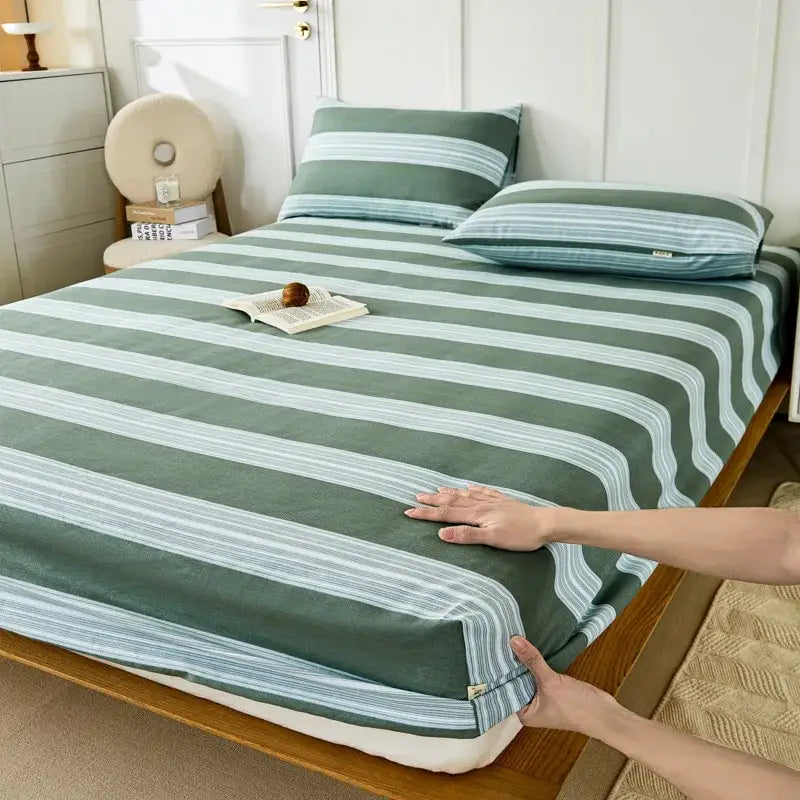 Blue and beige checkered coarse cotton queen fitted sheet bedroom