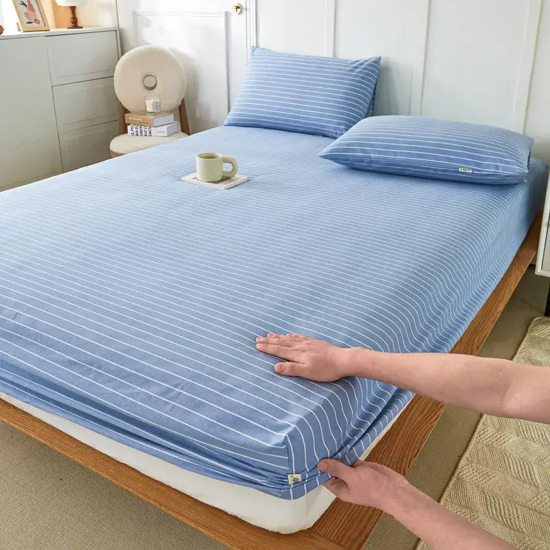 Blue and beige checkered coarse cotton queen fitted sheet bedroom