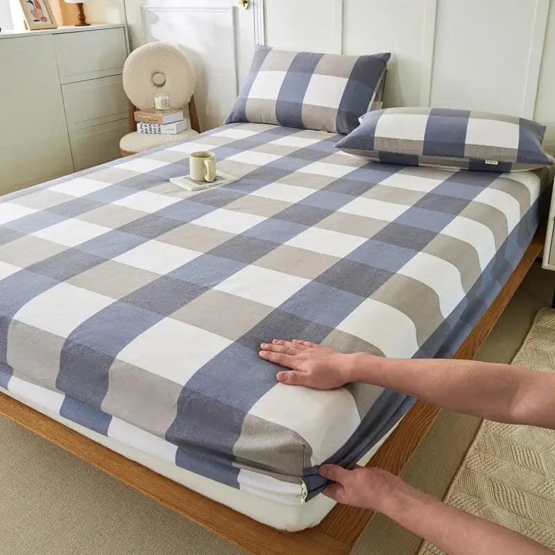 Blue and beige checkered coarse cotton queen fitted sheet bedroom