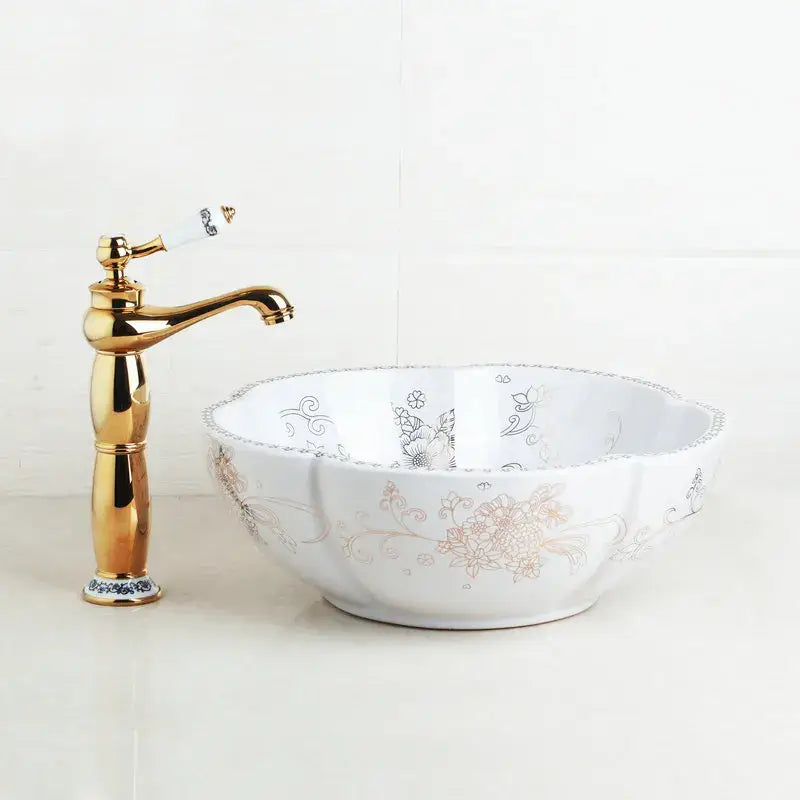 Blue and copper hand painted ceramic vessel sink set bathroom faucet
