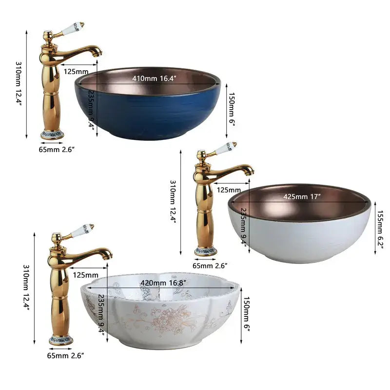 Blue and copper hand painted ceramic vessel sink set bathroom faucet