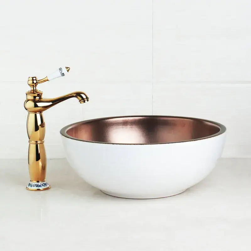 Blue and copper hand painted ceramic vessel sink set bathroom faucet