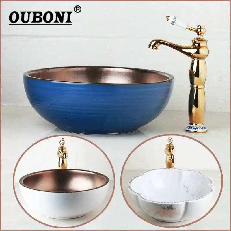 Blue and copper hand painted ceramic vessel sink set bathroom faucet