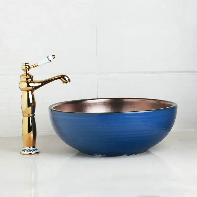Blue and copper hand painted ceramic vessel sink set bathroom faucet