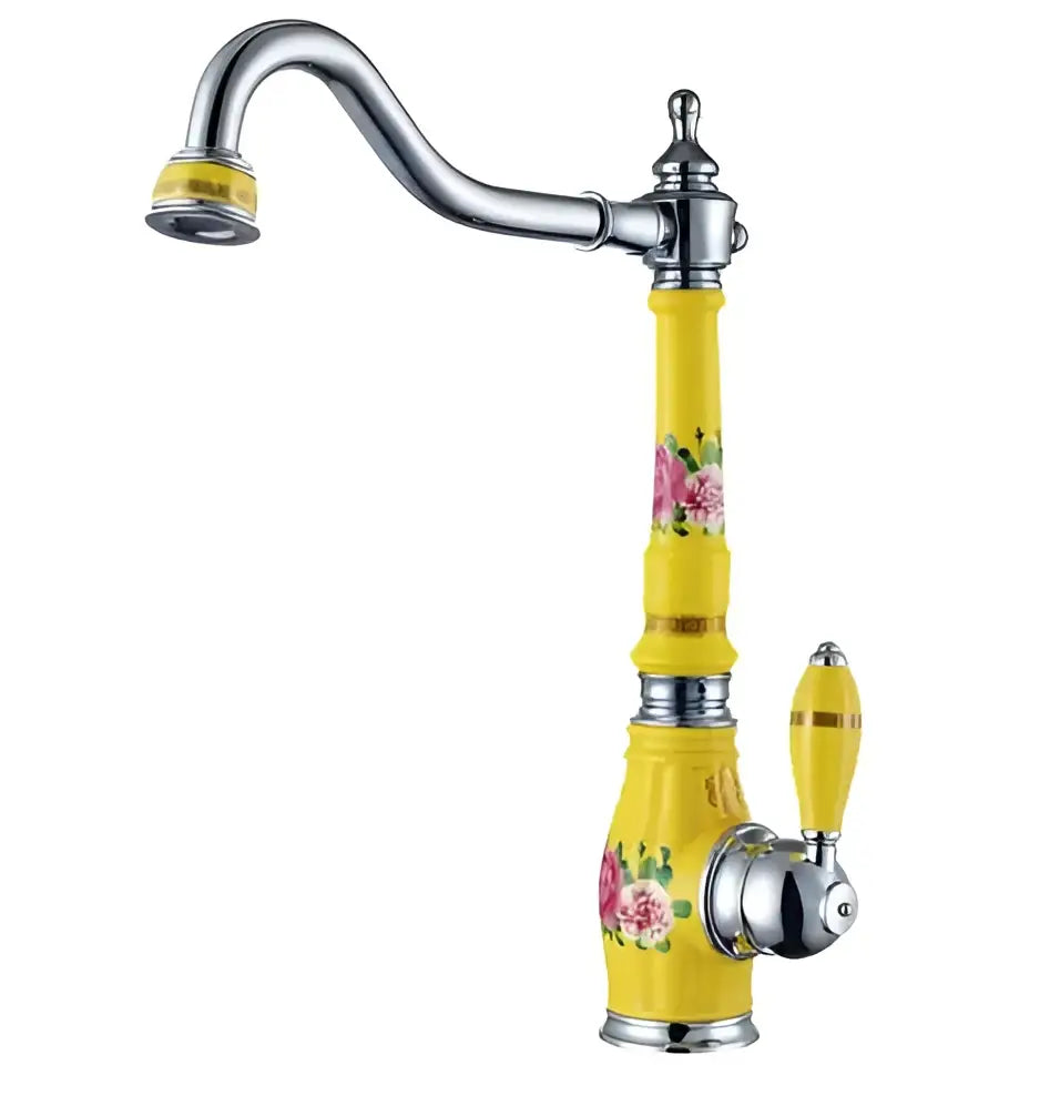 Blue and gold brass porcelain kitchen faucet with chrome swivel mixer