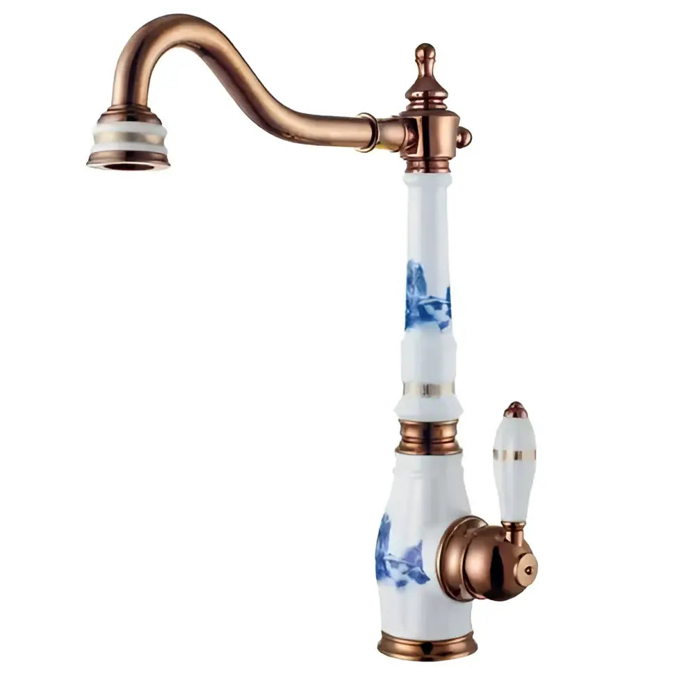 Blue and gold brass porcelain kitchen faucet with chrome swivel mixer