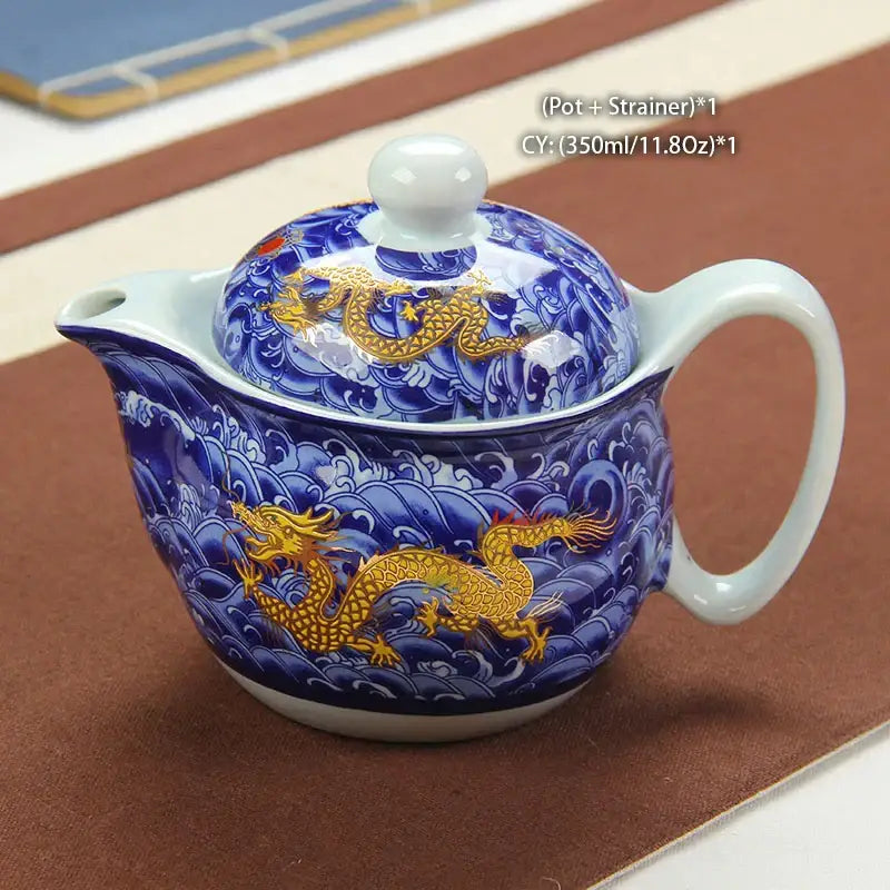 Blue and gold dragon teapot tea set dining room ceramic teaware