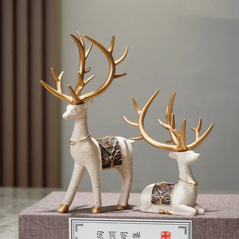 Blue and gold elk reindeer figurine set living room decor