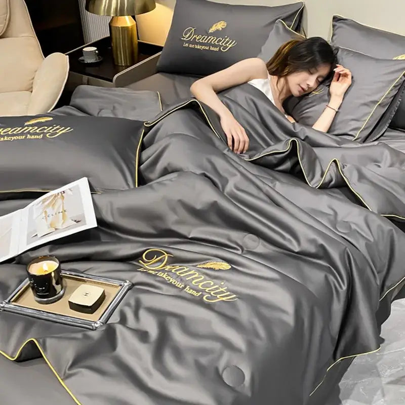 Blue and gold embroidered ice silk summer quilt set bedroom feather