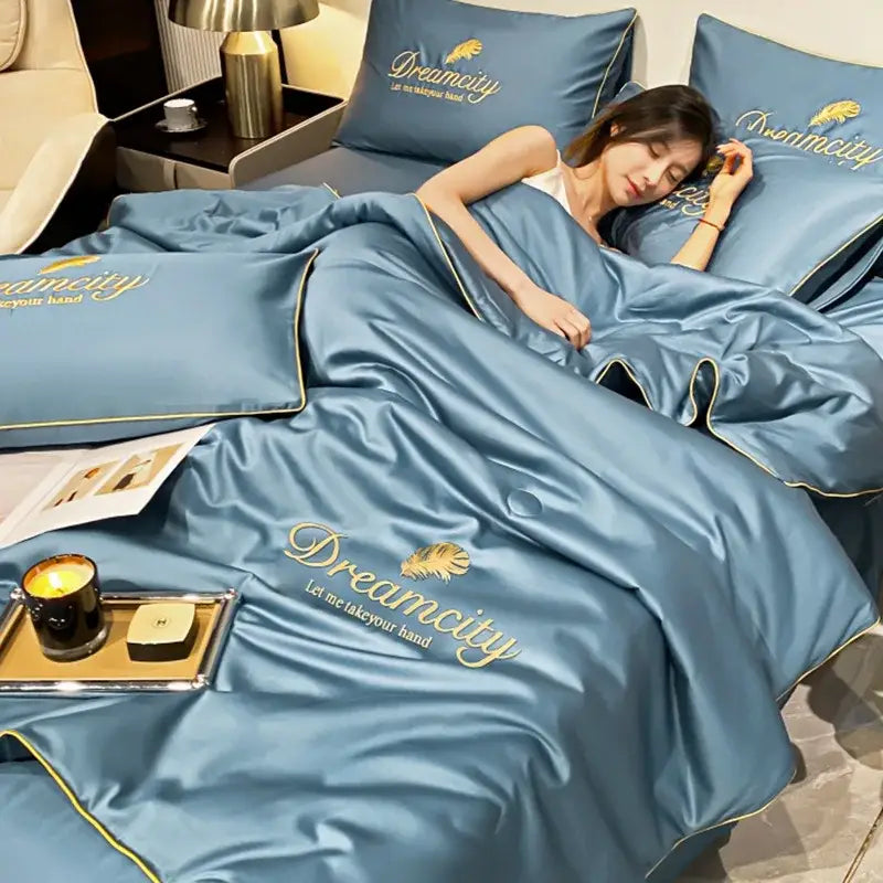 Blue and gold embroidered ice silk summer quilt set bedroom feather