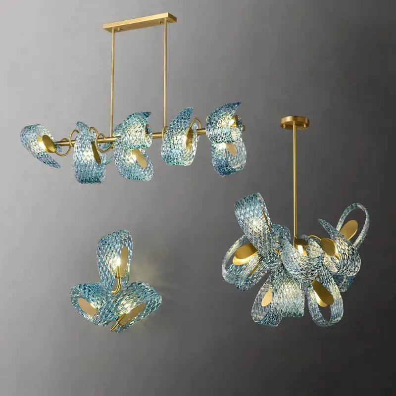 Blue and gold petal glass led copper pendant light for dining room