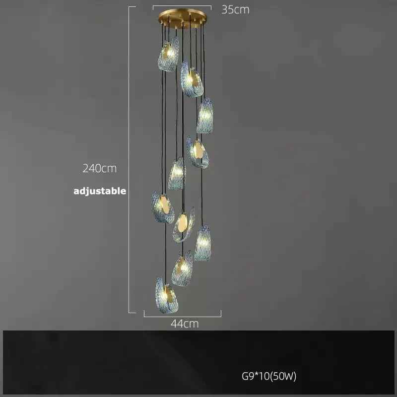 Blue and gold petal glass led copper pendant light for dining room