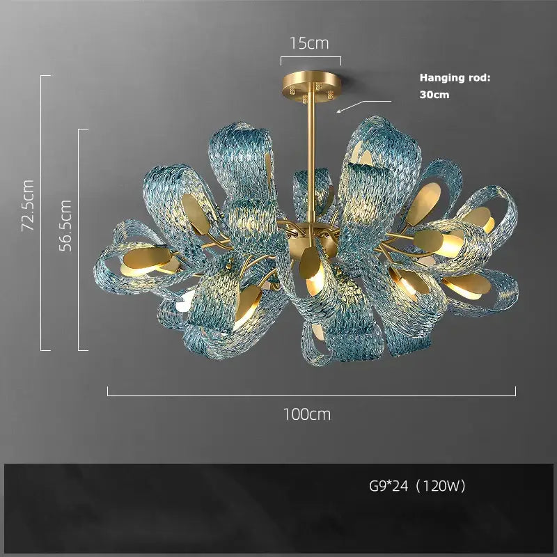 Blue and gold petal glass led copper pendant light for dining room