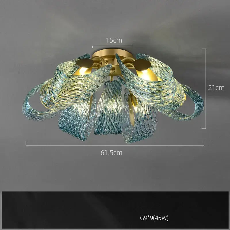 Blue and gold petal glass led copper pendant light for dining room