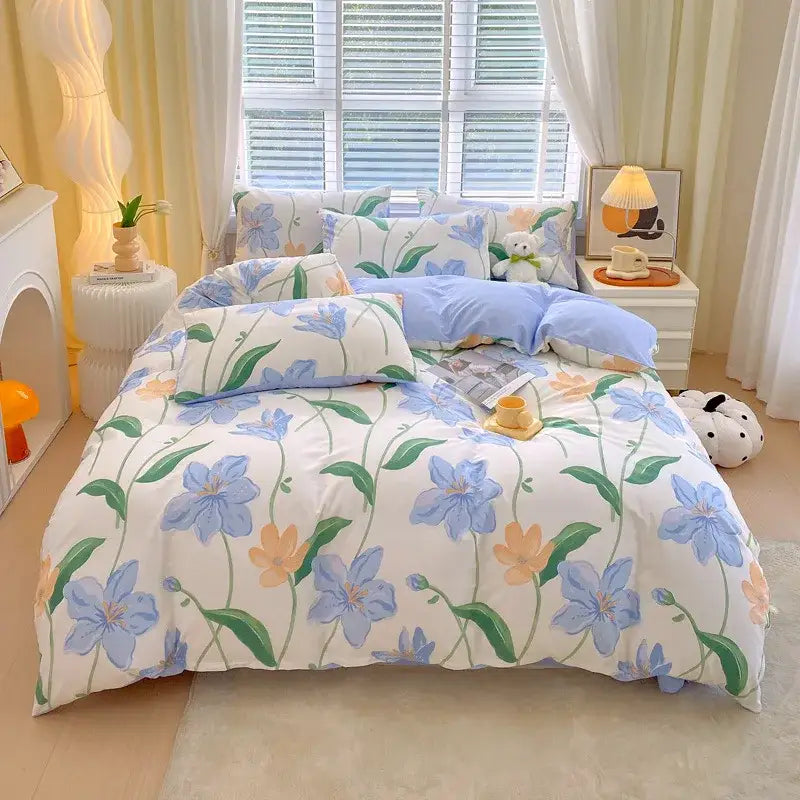 Blue and gray striped cotton single duvet cover bedroom bedding set