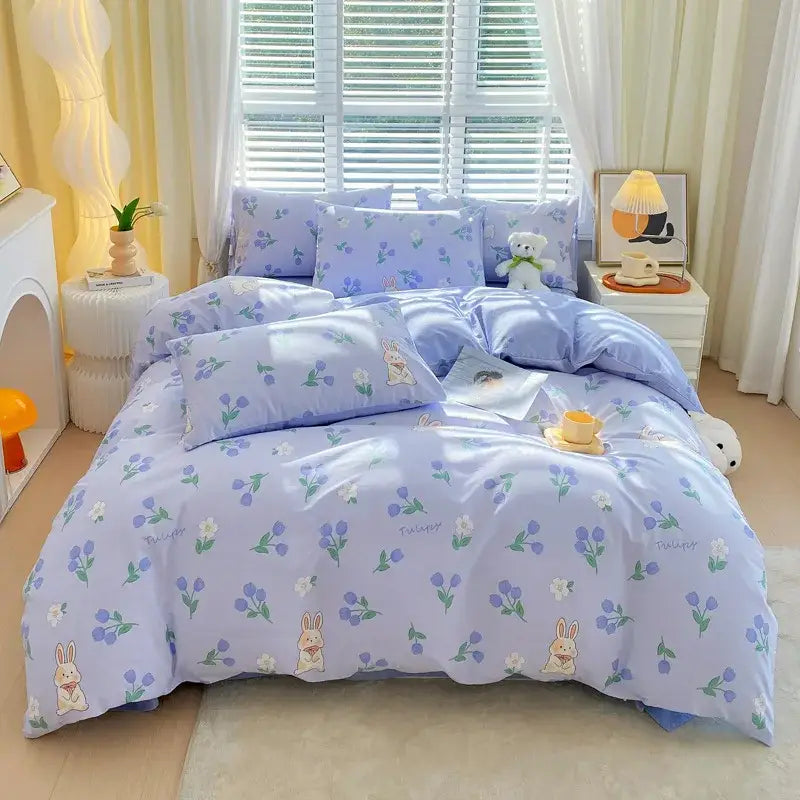 Blue and gray striped cotton single duvet cover bedroom bedding set