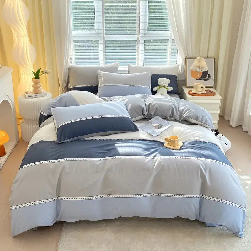 Blue and gray striped cotton single duvet cover bedroom bedding set