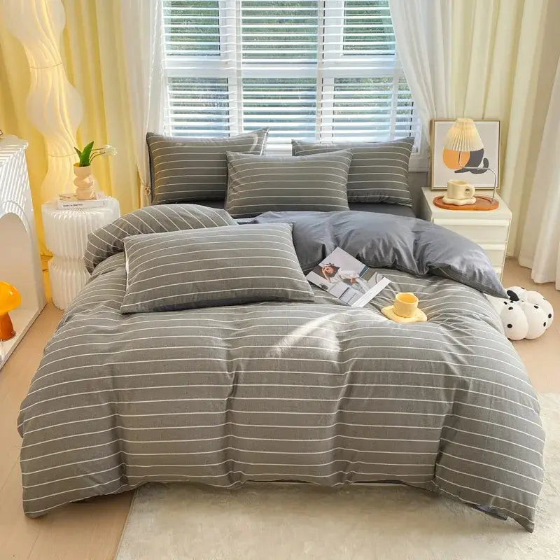Blue and gray striped cotton single duvet cover bedroom bedding set