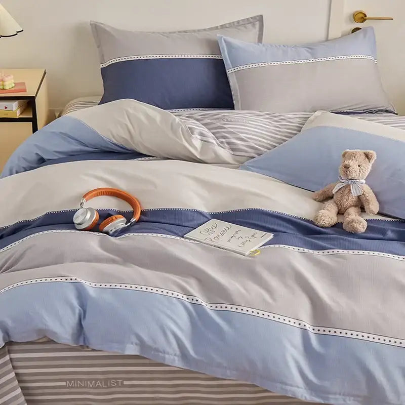 Blue and gray striped cotton single duvet cover bedroom bedding set