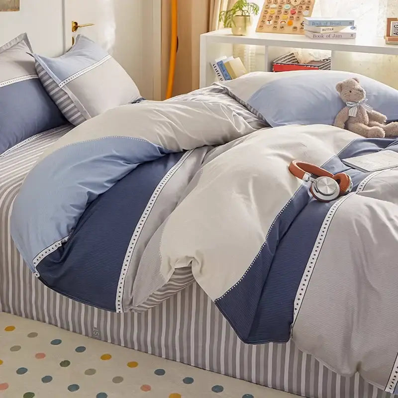 Blue and gray striped cotton single duvet cover bedroom bedding set