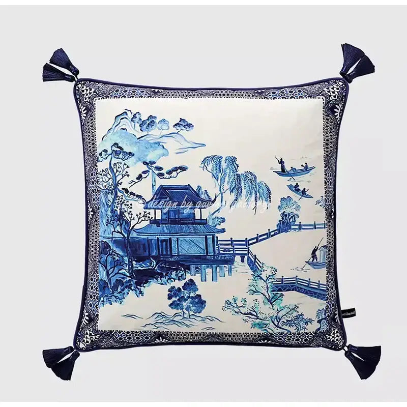 Blue and white crane throw pillow case – living room tassel cushion