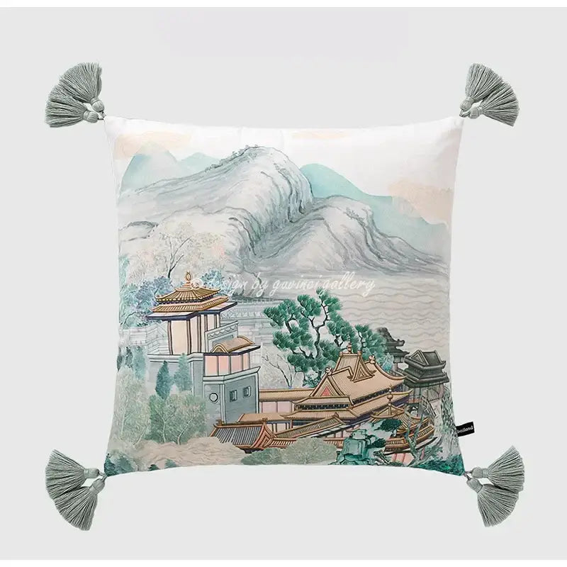 Blue and white crane throw pillow case – living room tassel cushion