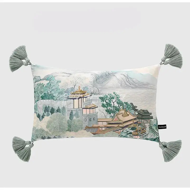 Blue and white crane throw pillow case – living room tassel cushion