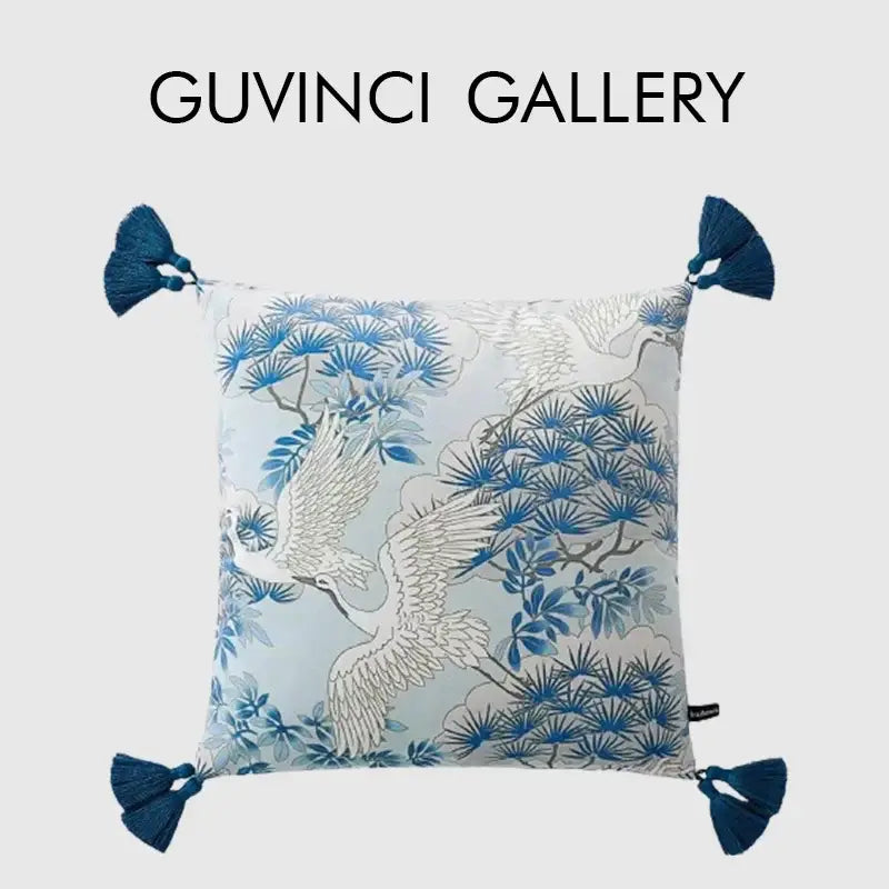 Blue and white crane throw pillow case – living room tassel cushion