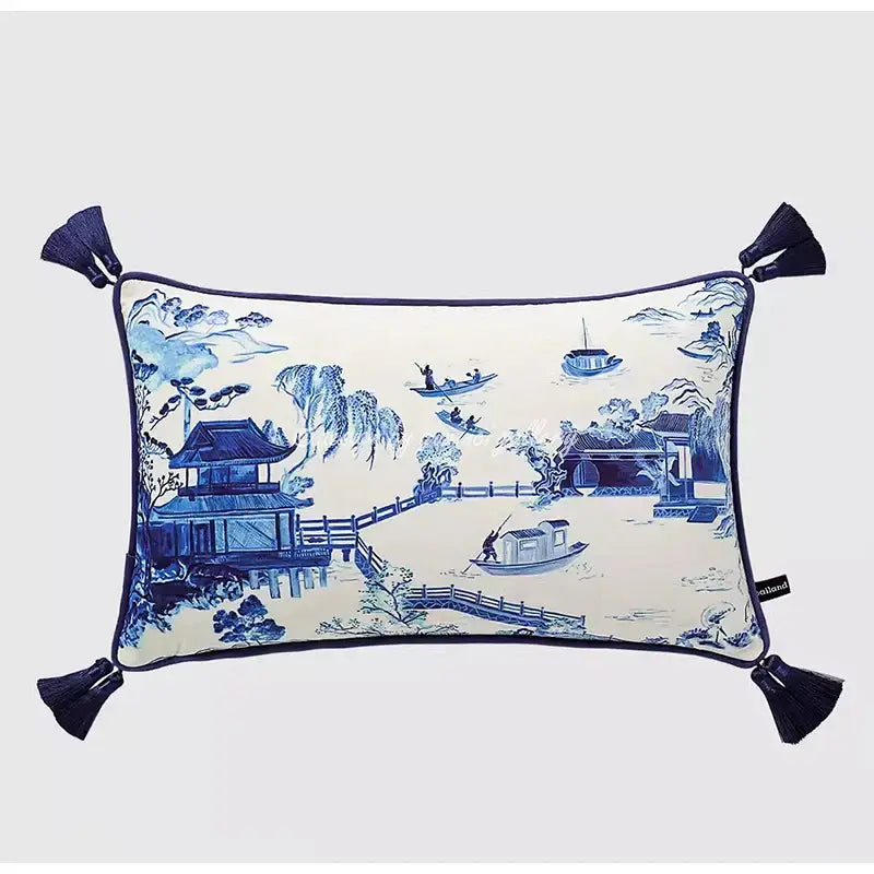 Blue and white crane throw pillow case – living room tassel cushion