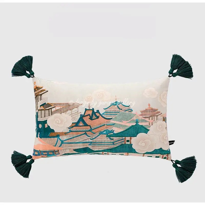 Blue and white crane throw pillow case – living room tassel cushion