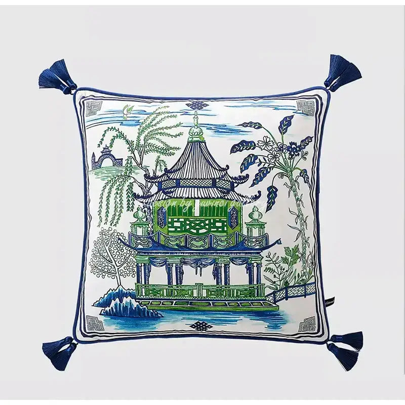 Blue and white crane throw pillow case – living room tassel cushion