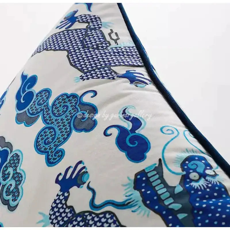 Blue and white crane throw pillow case – living room tassel cushion
