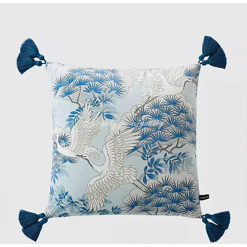 Blue and white crane throw pillow case – living room tassel cushion