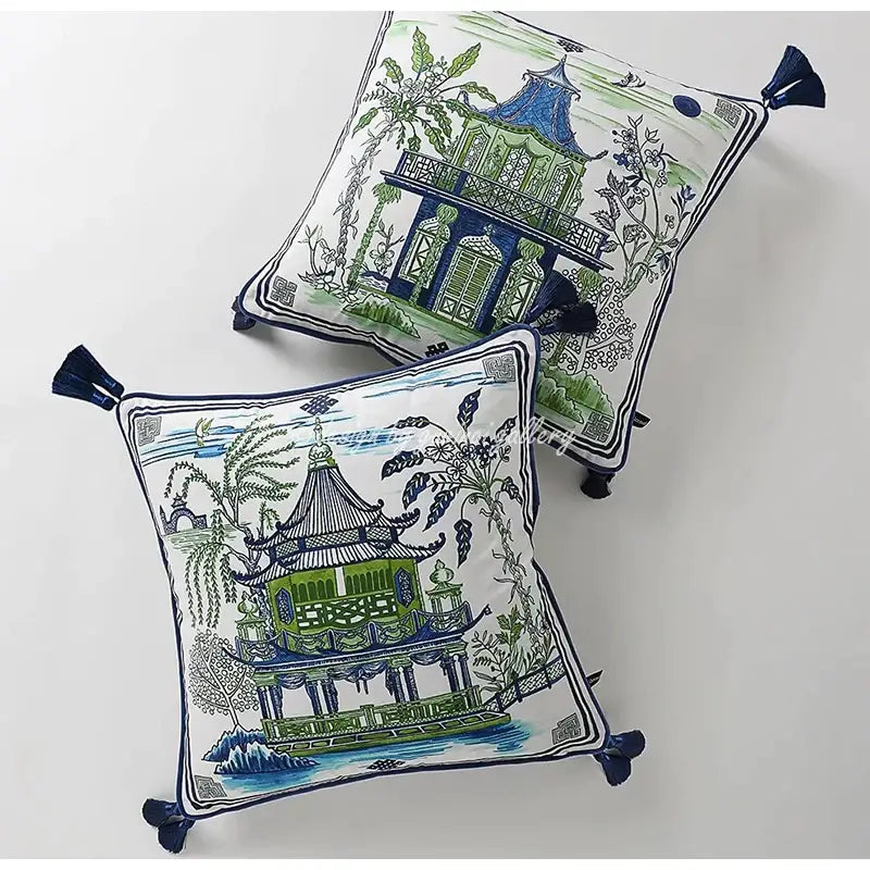 Blue and white crane throw pillow case – living room tassel cushion