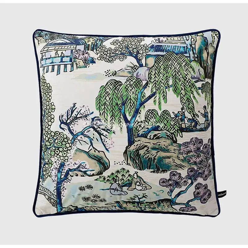 Blue and white crane throw pillow case – living room tassel cushion